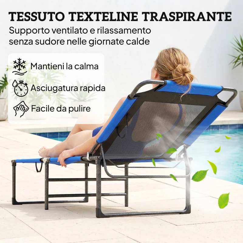 Outsunny Lettino Sdraio Pieghevole, Schienale Regolabile 4 Posizioni, Maniglia Trasporto, Colore Blu.