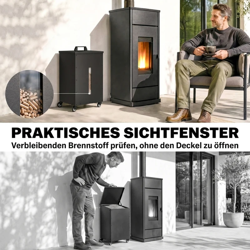 Outsunny Metall Pelletbehälter mit Rollen, 30 kg Pelletbox, Pelletlagerung mit Sieb 4 Füllstandsanzeigen 36,5 x 36,5 x 61,5 cm