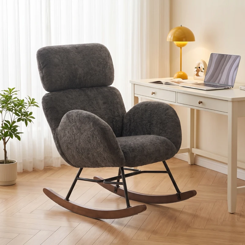 HOMCOM Upholstered Rocking Chair Adjustable Headrest Rocker Chair Raindrop Velvet Rubberwood Base Dark Grey