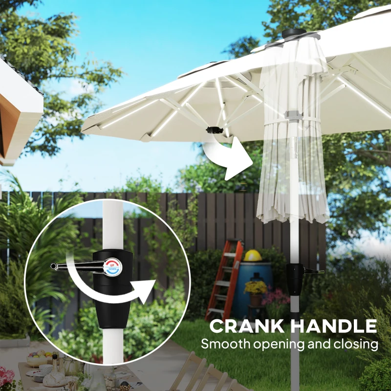 Outsunny 3 m Double-Sided Garden Parasol with LED Solar Lights, Tilt, Outdoor Extra Large Sun Umbrella with Crank Handle, Cream