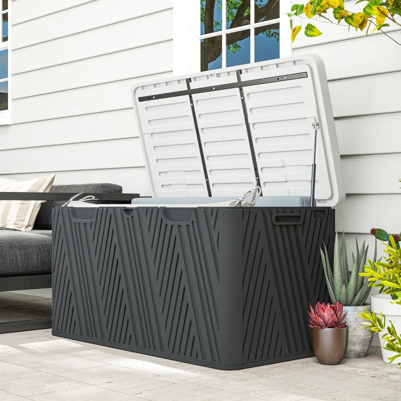 Outsunny Panca Contenitore 380L in HDPE con 2 Maniglie Laterali e Leva a Gas, 115x60x60 cm, Nero e Grigio
