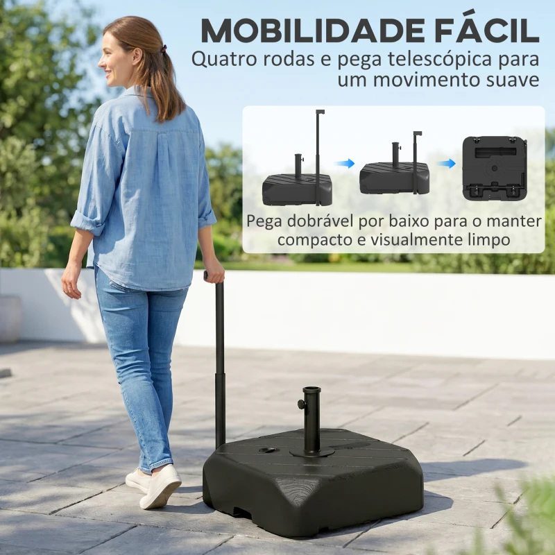 Outsunny Base para Chapéu de Solcom Rodas e Pega Telescópica para Mastros Ø38 mm Ø48 mm Recarregável com Areia 72 kg ou Água 45 L Preto
