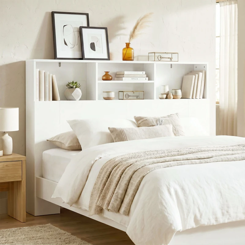 HOMCOM Cabecero de Cama 140 cm con Almacenaje Cabezal de Cama con 4 Compartimentos Abiertos para Dormitorio Blanco