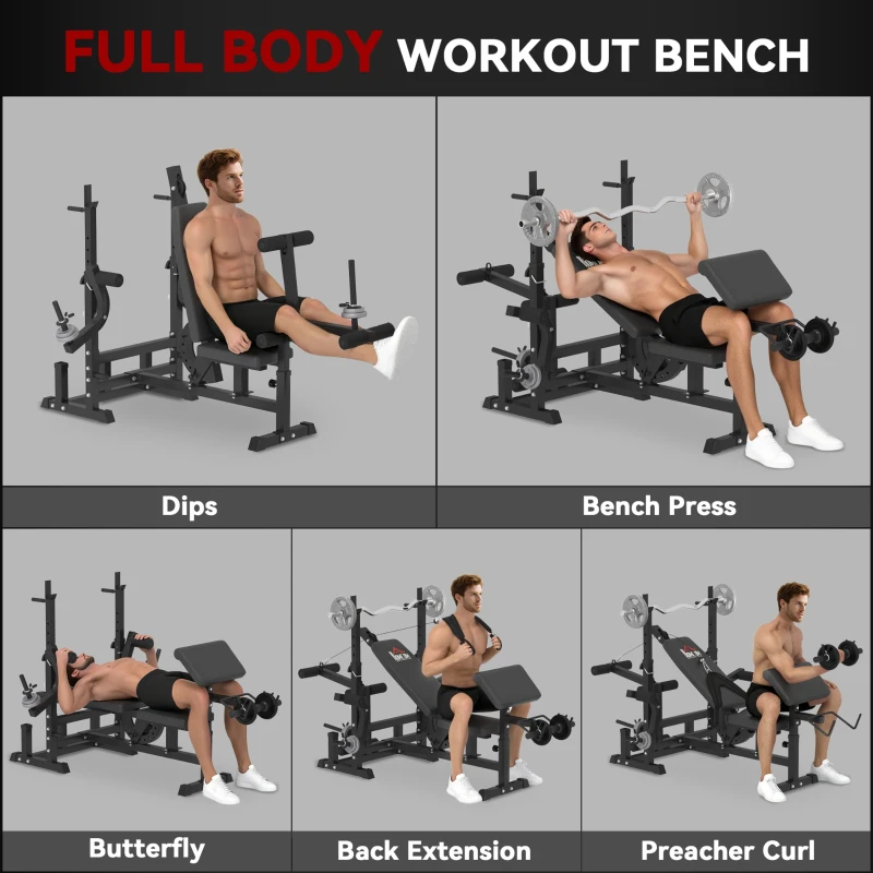 HOMCOM Weight Bench, 6 in 1 Adjustable Bench Press with Leg Extension, Barbell Rack, Preacher Curl Pad, Resistance Band, Multi-Function Home Gym Equipment for Strength Training Weightlifting
