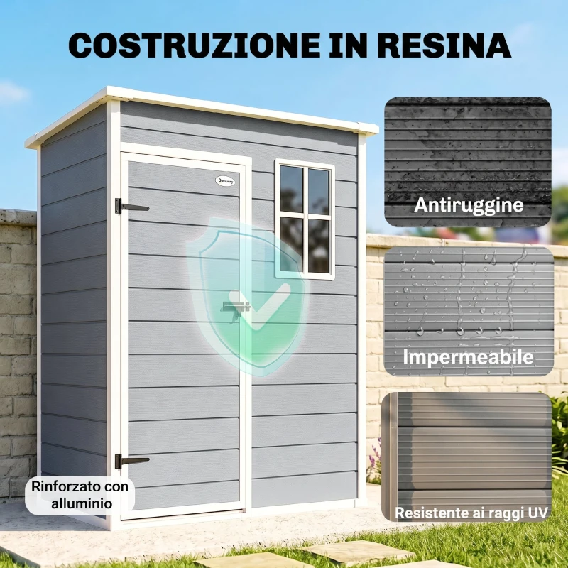 Outsunny Casetta da Giardino Porta Attrezzi in Resina con Porta Bloccabile, Finestra e Presa d'Aria, Grigio
