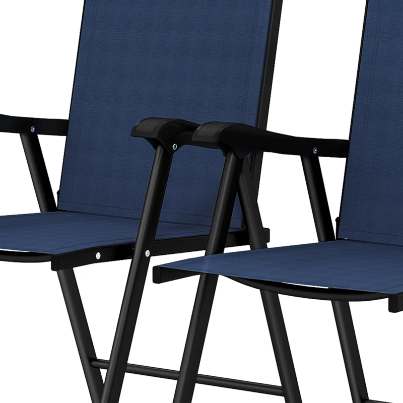 Outsunny Folding Garden Chairs Set of 2, Foldable Garden Dining Chairs with High Back, Armrests, Texteline Seat, Navy Blue