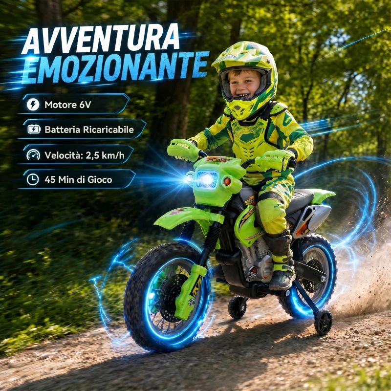 HOMCOM Moto Elettrica per Bambini 3 anni e Più, Moto Cross Elettrica con Rotelle, Batteria 6V Velocità 2.5km/h, 102 x 58 x 66cm, Verde