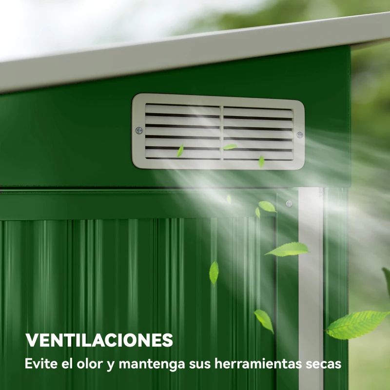 Outsunny Cobertizo de Jardín Exterior 2,7 m² 234x132x185 cm con Triple Puerta Cerradura y Ranuras de Ventilación Verde