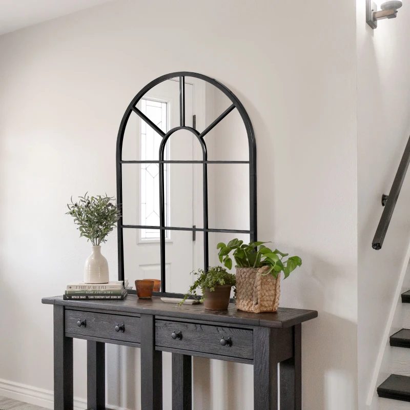 HOMCOM Specchio Moderno a Parete e a forma di Arco 91x60 cm per Camera da Letto e Soggiorno, in Metallo Nero e Vetro
