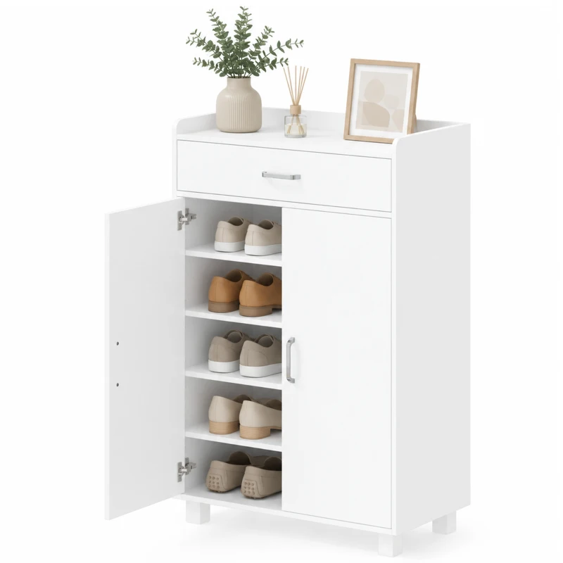 HOMCOM Schuhschrank mit 1 Schublade und 5 Einlegeböden Moderner Schuhschrank Verstellbare Einlegeböden 6 Paar 62,5x35x95 cm Weiß