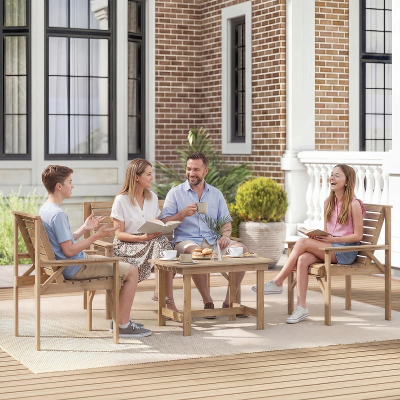 Outsunny 4 Piece Wooden Garden Furniture Set, Outdoor Garden Sofa Set with 2 Armchairs, Loveseat and Coffee Table, Natural Wood