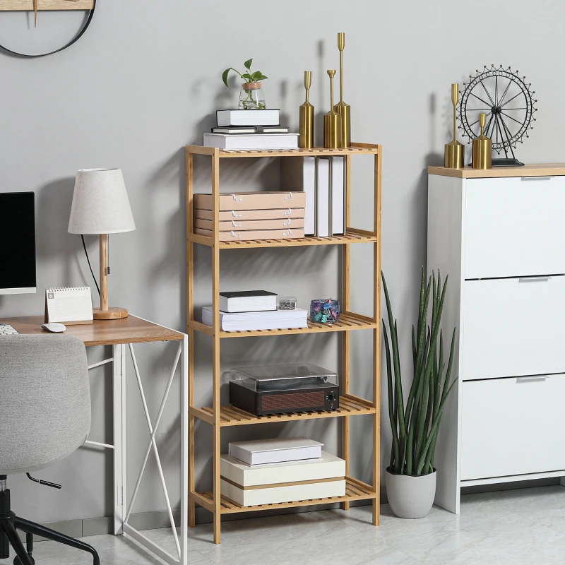 HOMCOM Étagère de rangement en bambou à 5 niveaux, bibliothèque pour salon, chambre et bureau, 60 x 26 x 130 cm, bois naturel