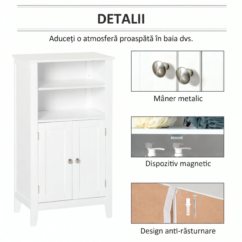 Kleankin Dulpa pentru Baie cu Rafturi Reglabile si 2 Usi din Lemn, Alb 50x30x93cm(m-5)
