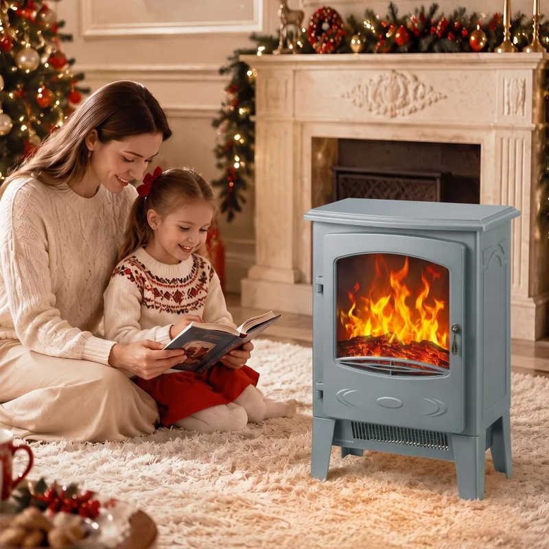 HOMCOM Electric Fireplace, Freestanding Electric Fire with Realistic Flame Effect, Log Burner, 1000W/ 2000W, Grey