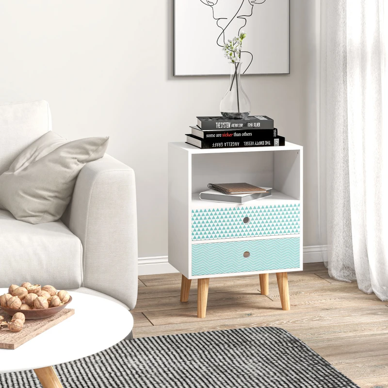 HOMCOM Cómoda de Madera Cajonera con 2 Cajones Mesita de Noche con Estante Abierto para Dormitorio Salón 45x30x65 cm Blanco