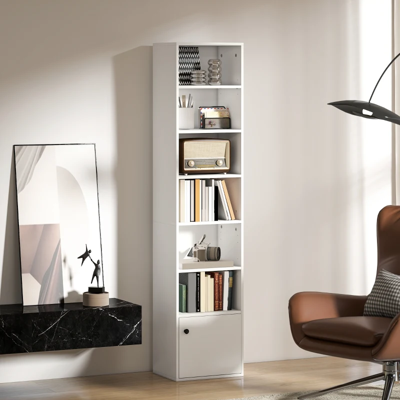 HOMCOM Librería de 7 Niveles Estantería para Libros Moderna con Estantes Abiertos y Puerta 40x30x180 cm Blanco