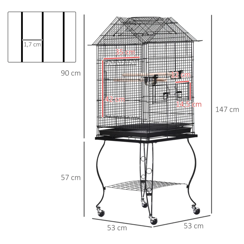 PawHut Jaula para Pájaros con Soporte y Ruedas Bandeja Extraíble 2 Comederos Repisa Inferior Metal para Canarios Periquitos Loros 53x53x147 cm Negro