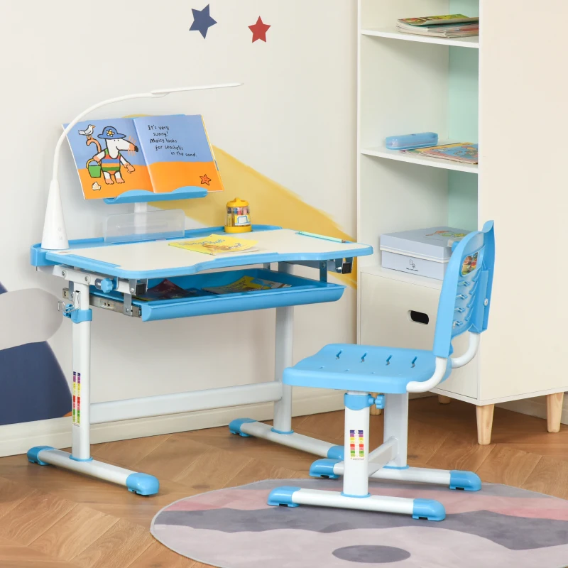 HOMCOM Kids Study Desk and Chair Set w/ Adjustable Height, Storage, Drawer, Blue