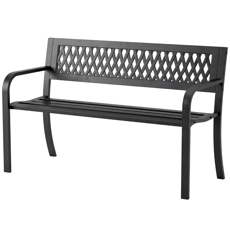 Outsunny Banco de Jardín Exterior de 2 Plazas  con Asiento Listonado Reposabrazos y Marco de Acero 119x50x75 cm Negro