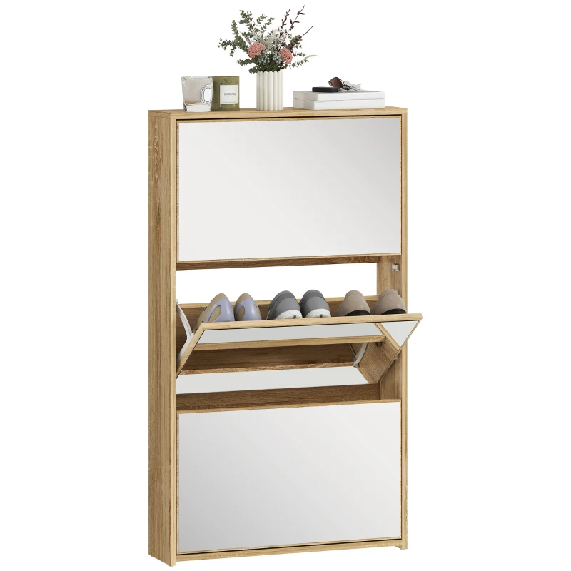 HOMCOM Meuble à chaussures 9 paires, armoire à chaussures étroite, 3 tiroirs rabattables portes miroirs, 65x17x114,5cm naturel