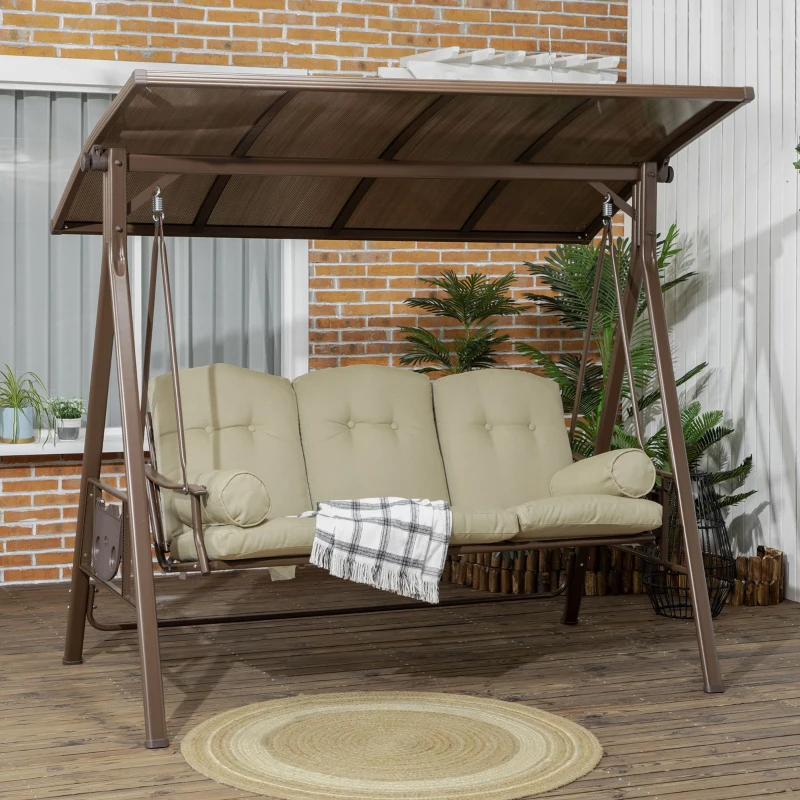Outsunny Dondolo da Giardino 3 Posti in Acciaio con Tettuccio Inclinabile e Cuscini, 208x120x174 cm