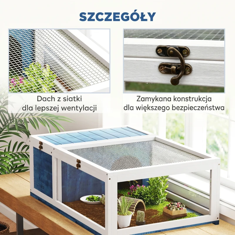 PawHut Terrarium dla żółwia drewniany domek żółwiarnia wybieg dwustrefowy otwierany daszek 3 okna 91x60,5x32 cm niebieski