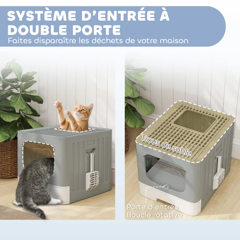 PawHut Maison de Toilette pour Chat, Tiroir Coulissant, Couvercle, 2 Portes Réglables, Pelle, Détachable, 48x38x38,5cm, Gris