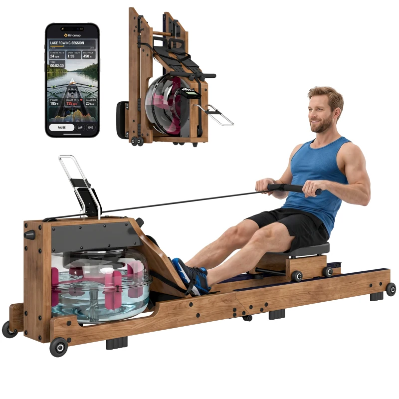 SPORTNOW Rameur à Eau Rameur Appartement Pliable Double Rail Aluminium Capacité 158kg Connexion Bluetooth 182x42x67cm Chêne