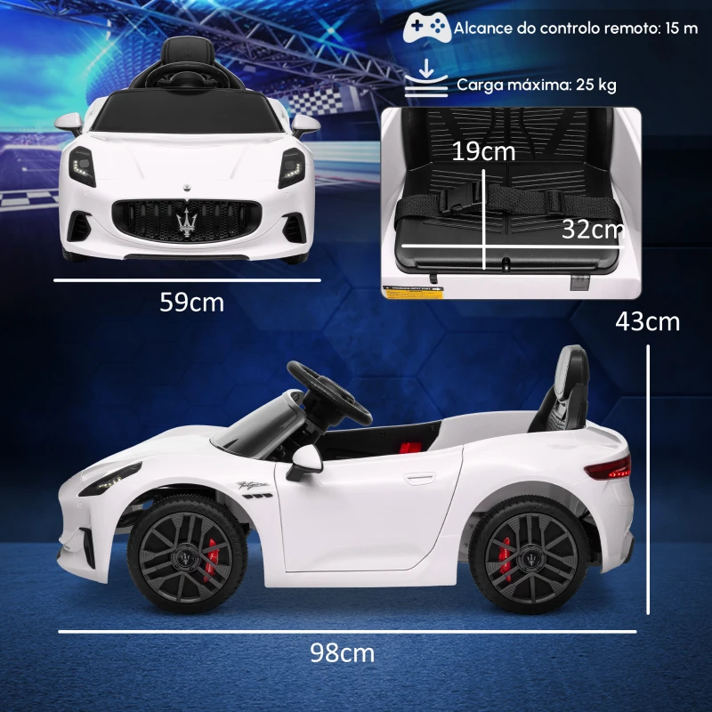 AIYAPLAY Carro Elétrico para Crianças Maserati Gran Turismo Folgore 12V Controlo Remoto Faróis Buzina e Música MP3 98x59x43 cm Branco