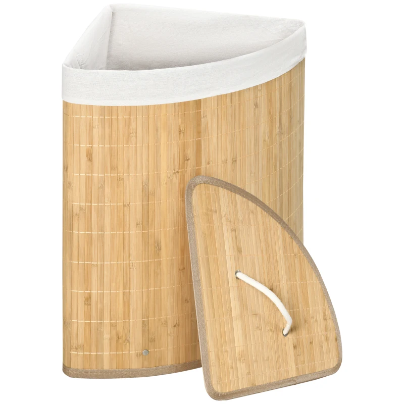 HOMCOM Cesto Portabiancheria con Coperchio Triangolare in Bambù e Tessuto, 38x38x57cm, Colore Legno