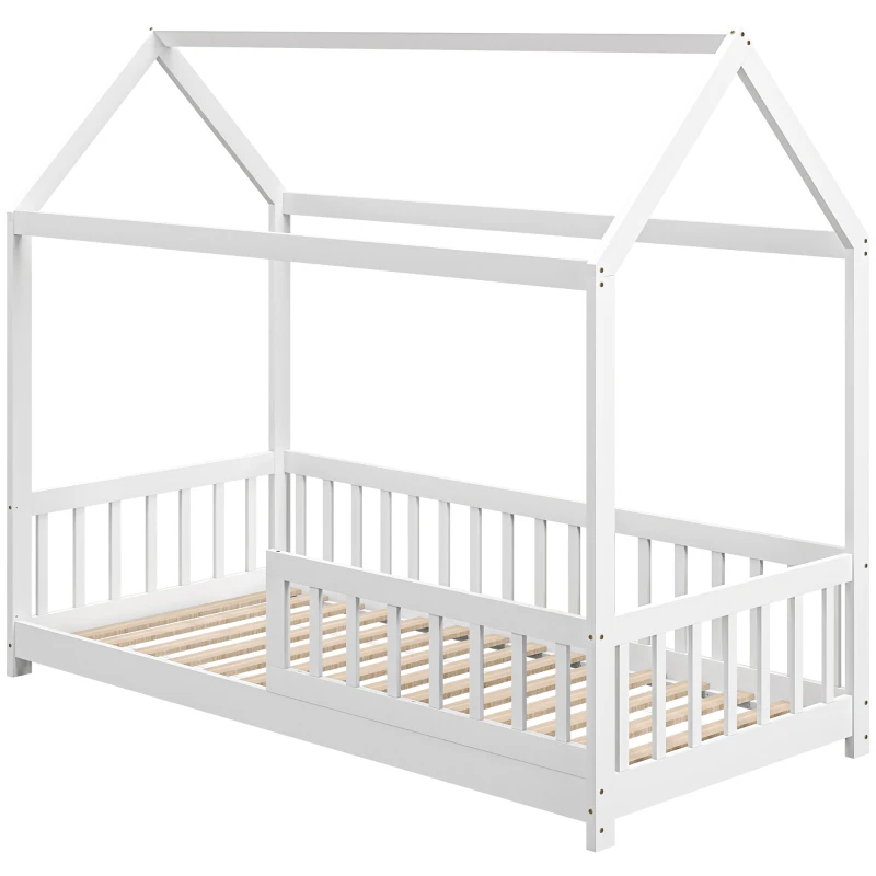HOMCOM House-Shaped Kids Bed Frame with Guard Rails, Solid Pine Wood Single Bed Frame for Kids Boys and Girls