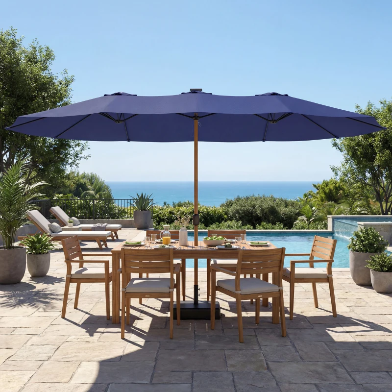 Outsunny Sombrilla Doble de Jardín 4,7x2,8 m con Base Incluida Manivela Sacos de Arena Protección UV Impermeable Azul Oscuro