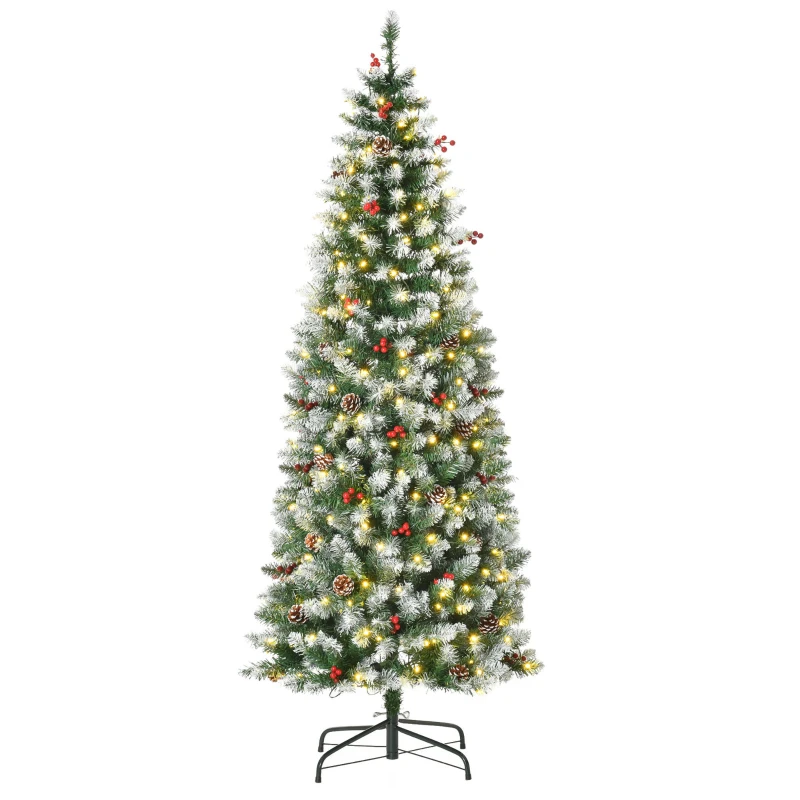 HOMCOM Árbol de Navidad Nevado Artificial 180 cm Árbol de Navidad con 300 Luces LED Blanco Cálido 618 Ramas Ignífugas de Plástico Decoraciones Incluidas y Base Plegable Ø65x180 cm Verde