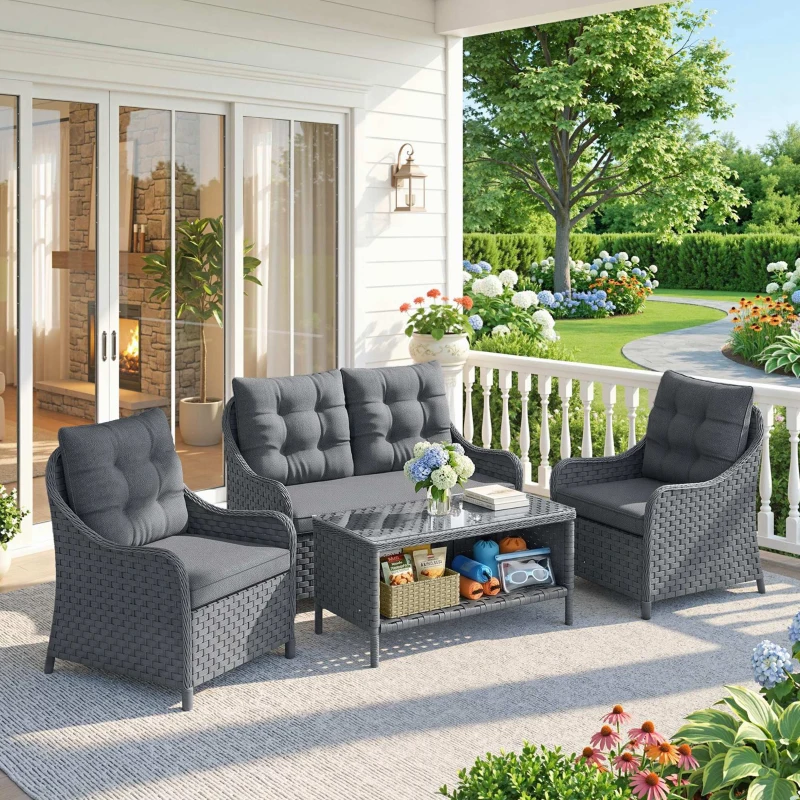 Outsunny 4-Piece Wicker Patio Furniture Set with 2 Armchairs, Loveseat, Glass Coffee Table, Conversation Sofa Set, Dark Grey
