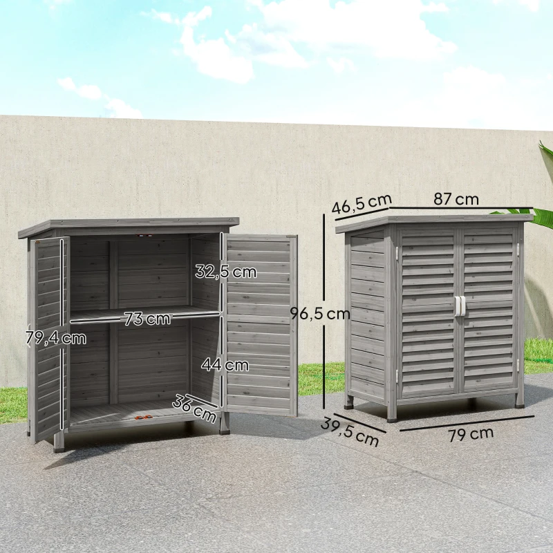 Outsunny Armadio da Giardino in Legno di Abete con Porte a Persiana e 2 Ripiani, 87x46.5x96.5cm, Grigio