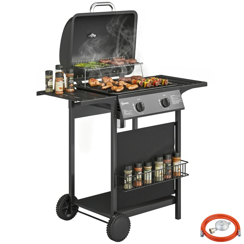 Outsunny Gasgrill 5 KW 2 Brenner BBQ Grillwagen Edelstahl inkl Seitentisch Unterkorb Frontabdeckung Thermometer Emaille-Grillrost