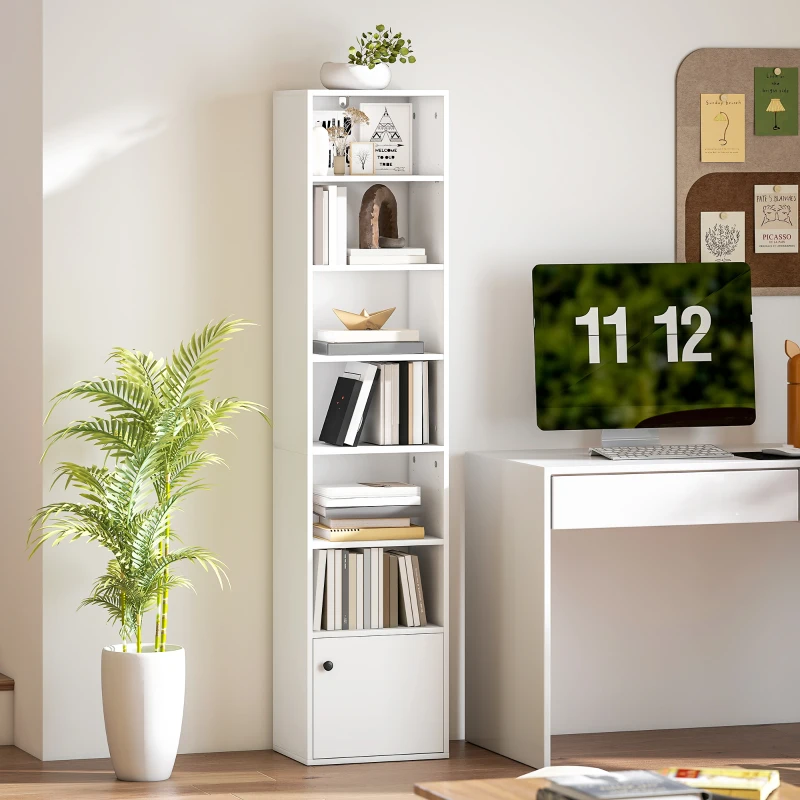 HOMCOM Librería de 7 Niveles Estantería para Libros Moderna con Estantes Abiertos y Puerta 40x30x180 cm Blanco