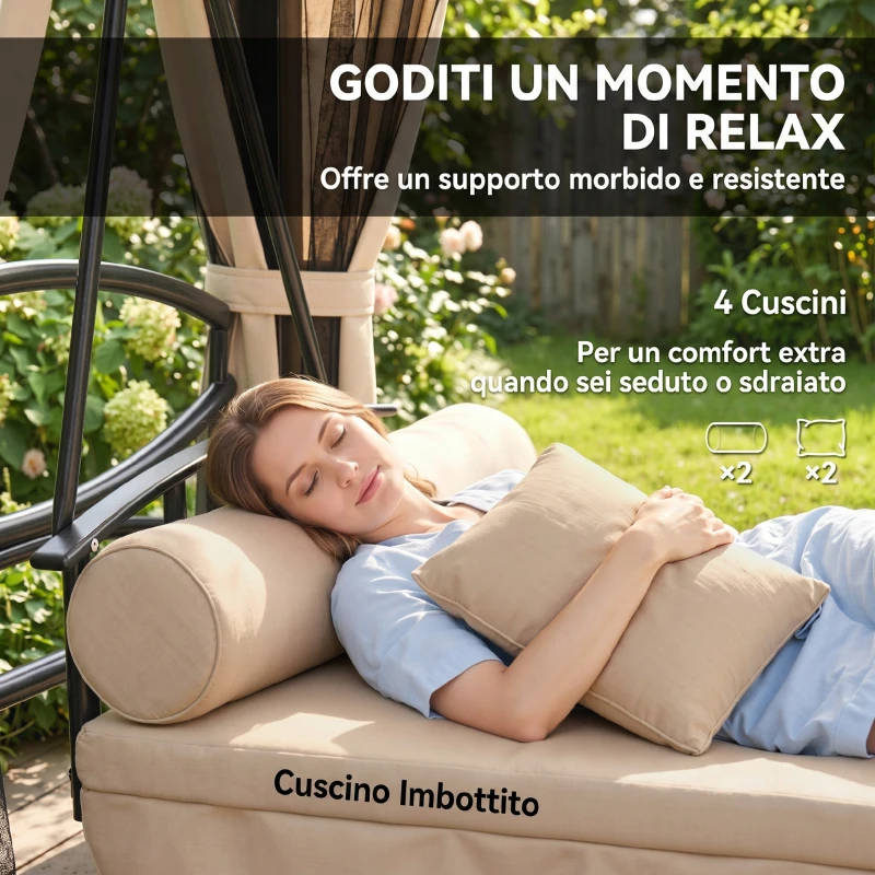 Outsunny Dondolo da Giardino 3 Posti Lettino e Gazebo Design 3 in 1 con Tettuccio, 256x172x248cm, Beige