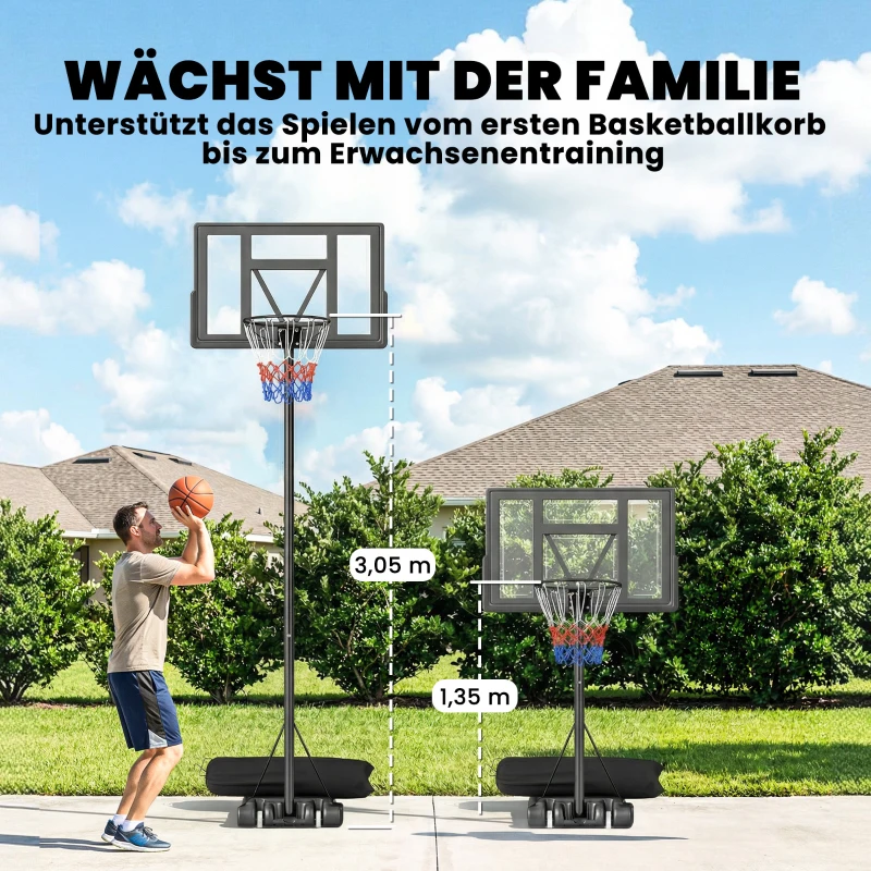 SPORTNOW Basketballkorb Outdoor 135-305cm schnell Höhenverstellbar Basketballständer mit 110x70cm bruchsichere Rückwand 2 Rädern