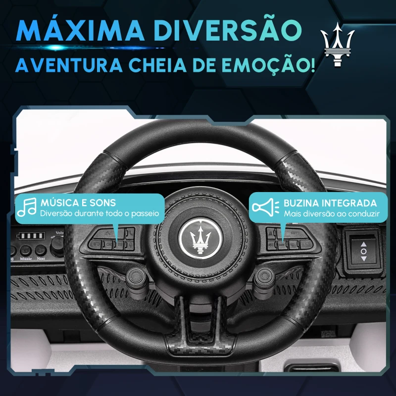 AIYAPLAY Carro Elétrico para Crianças Maserati Gran Turismo Folgore 12V Controlo Remoto Faróis Buzina e Música MP3 98x59x43 cm Branco