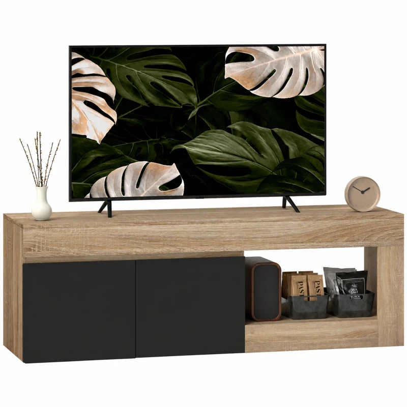 HOMCOM Meuble TV 2 portes pour téléviseurs jusqu'à 60 pouces, meuble télé avec placard et étagère ouverte, noir
