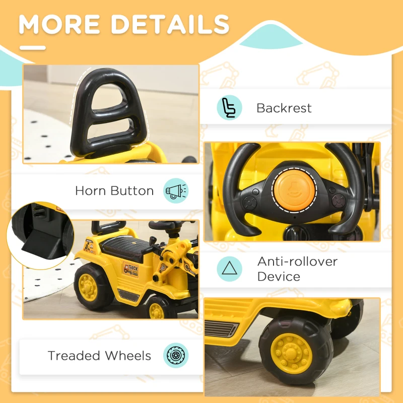 HOMCOM Ride On Tractor, 3 in 1 Ride On Excavator Toy, Toddler Digger Bulldozer with Storage, Pretend Play Construction Truck, NO POWER for 18-48 Months, Yellow