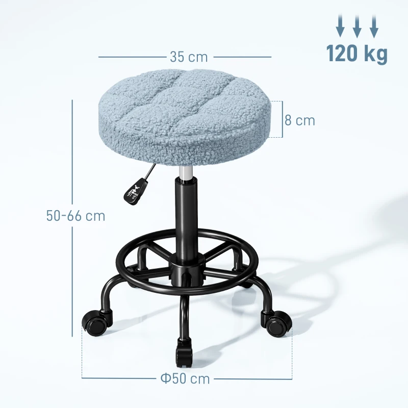 HOMCOM Taburete Giratorio Redondo Taburete con Ruedas Altura Regulable 50-66 cm Asiento Tapizado en Tejido de Borreguito Azul