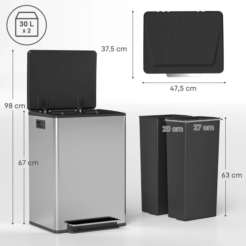 HOMCOM Poubelle à double compartiment 2 x 30L, poubelle cuisine à pédale, couvercle à fermeture douce, 47,5x37,5x67cm, argent