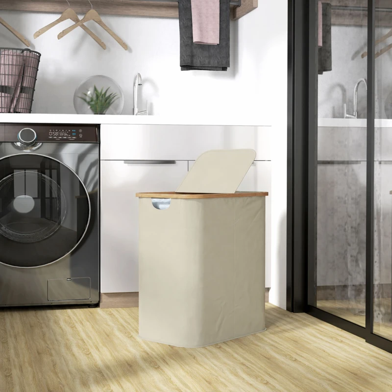 HOMCOM Panier à linge double pliable 80 L corbeille à linge sale avec couvercle, poignées rainurées, beige