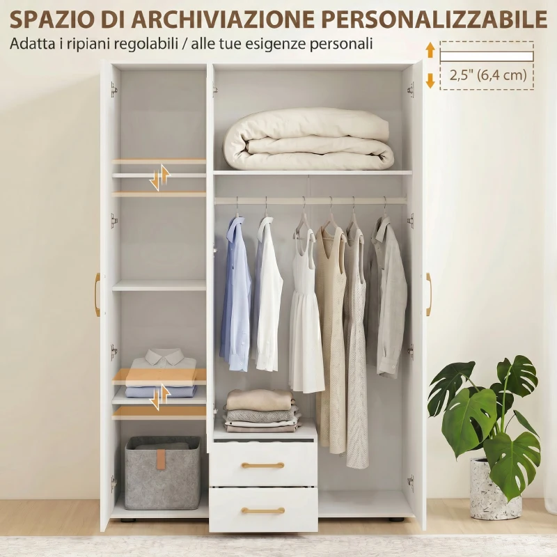 HOMCOM Armadio Moderno con Specchio, 3 Ante e 2 Cassetti, 120155x180 cm, Bianco