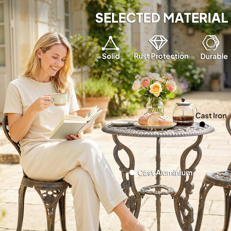 Outsunny Garden Bistro Set with Umbrella Hole, 3 Piece Cast Aluminium Garden Furniture Set, Antique Floral Round Coffee Table and Chairs, Small Balcony Furniture for Outdoor, Patio, Brown Tone