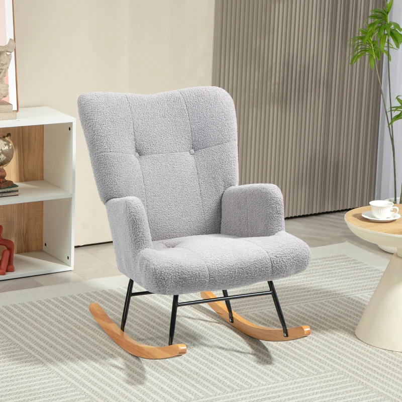HOMCOM Poltrona Baloiço em Borrego Poltrona para Amamentação com Encosto Capitonê e Base de Madeira 65x88x87 cm Cinza Claro