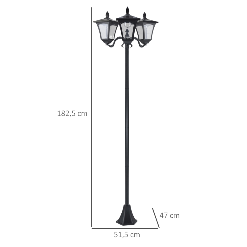 Outsunny Candeeiro Solar de Jardim com 3 Luzes LED Impermeável IP44 Sensor de Noite Candeeiro de Exterior 51,5x47x182,5cm Preto