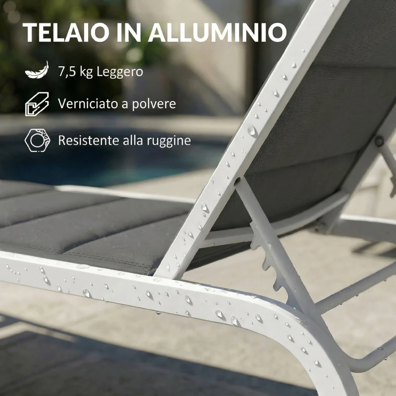 Outsunny Lettino Prendisole da Giardino con Ruote, in Texteline con Telaio in Alluminio, Grigio Scuro e Bianco